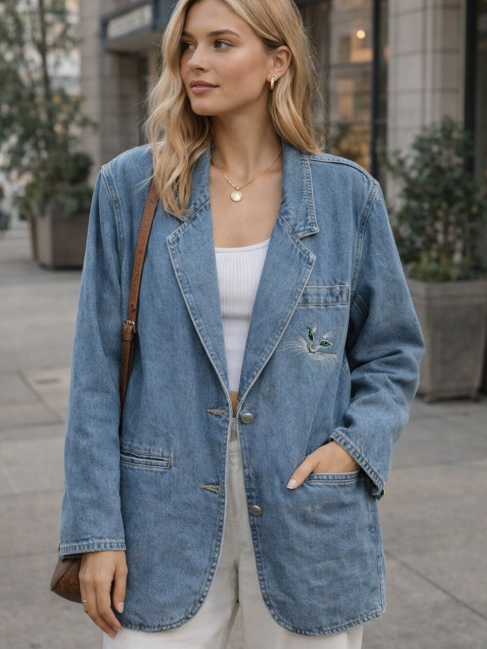 Haik's Vintage Denim Blazer with Cat Face Embroidery 100% Cotton